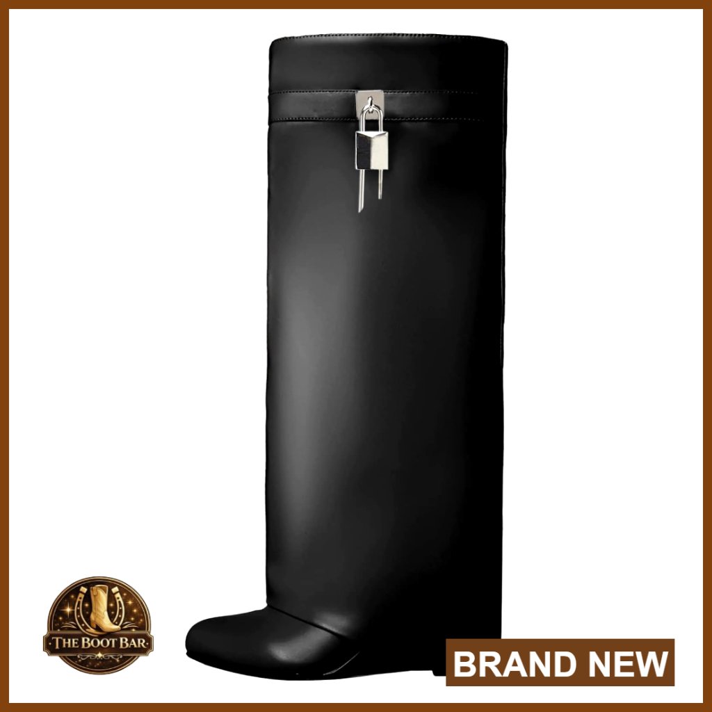 Wide-Calf Fold Over Boots Wedge Heel Knee High With Decorative Lock